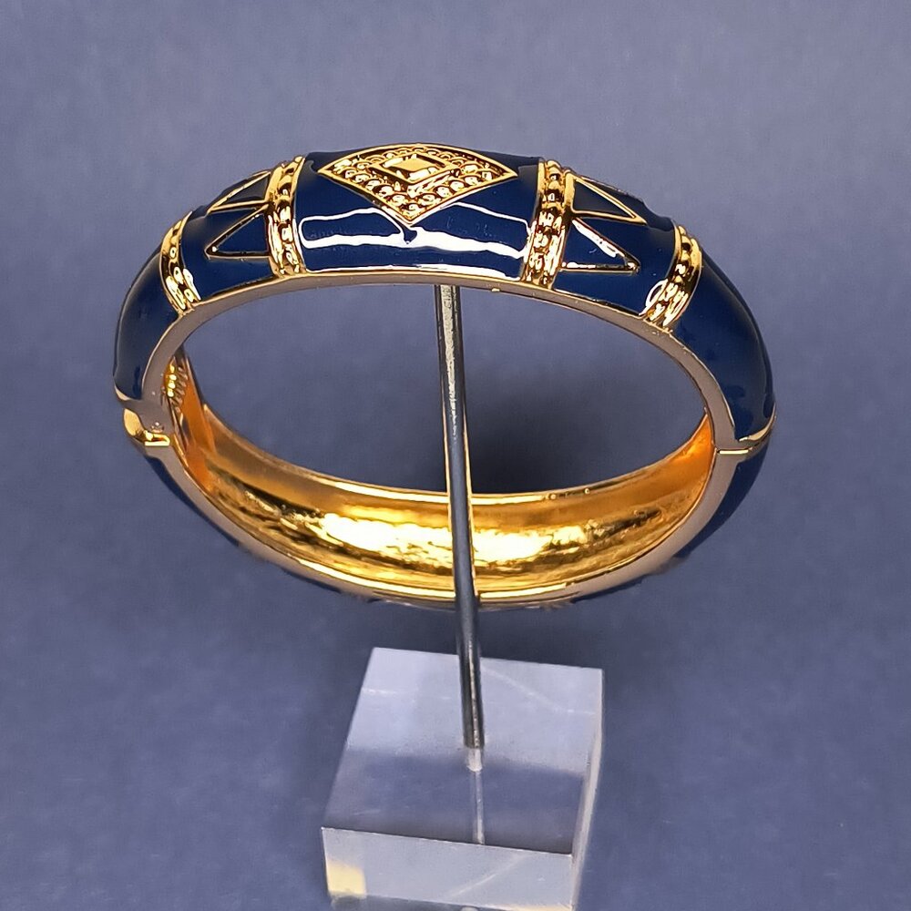 Hinged Enamel Lapiz Blue Bangle Clamper Bracelet Casual Statement Size 7" Gold T